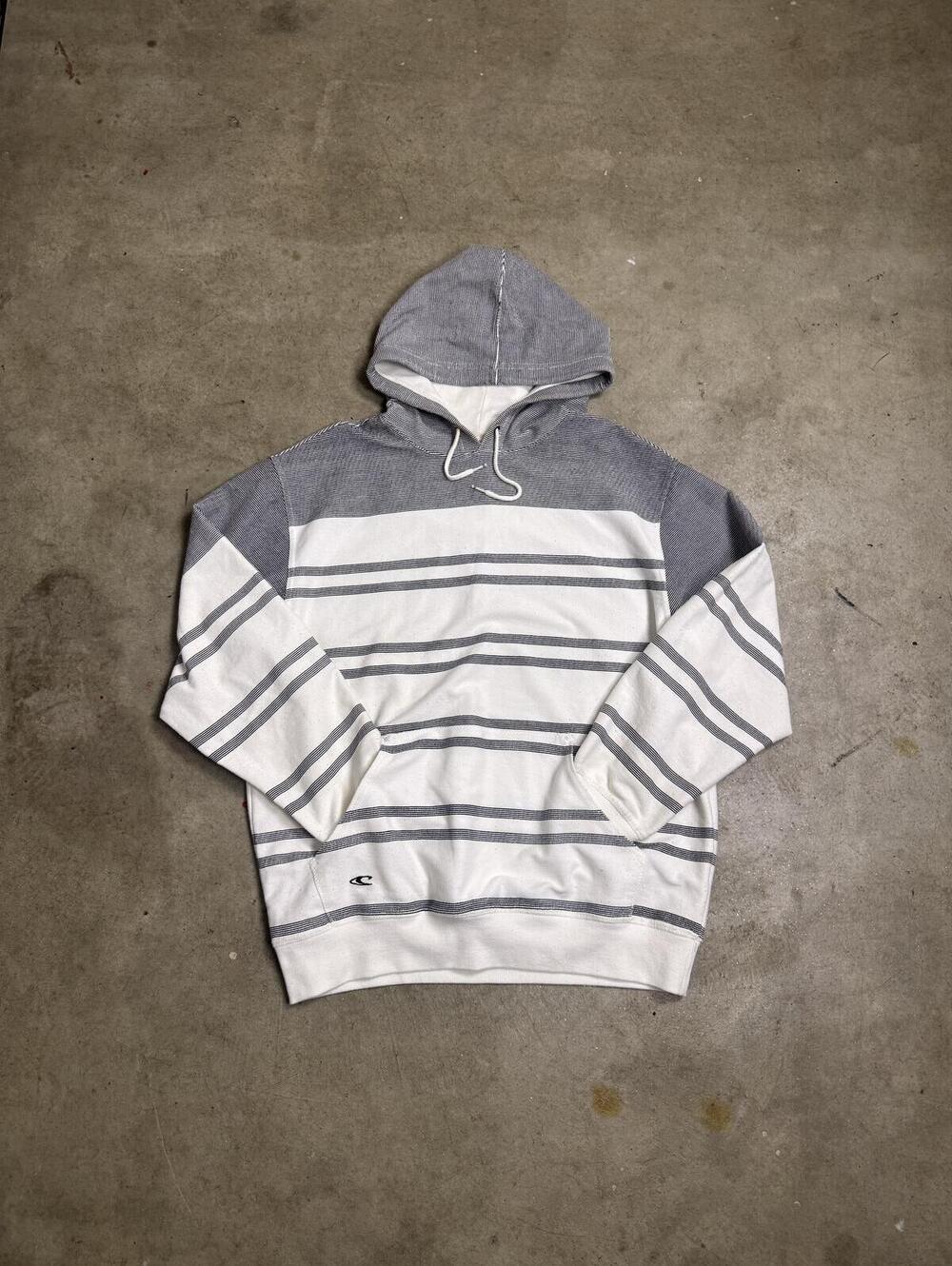O'Neill Striped Pullover Hoodie Oversized Surf Skate White Grey